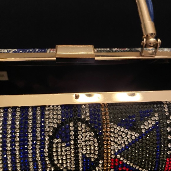 Colorful Rhinestone Clutch with Gold/Blue Handle. 8x4 round